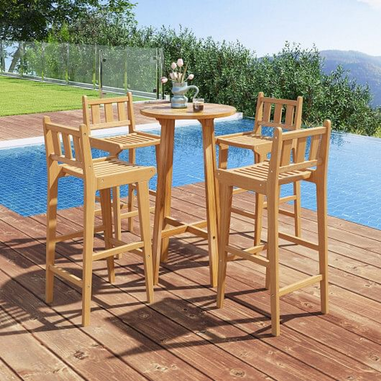 30 Inch Teak Wood Bar Chair with Footrest and Backrest for Deck Poolside Garden