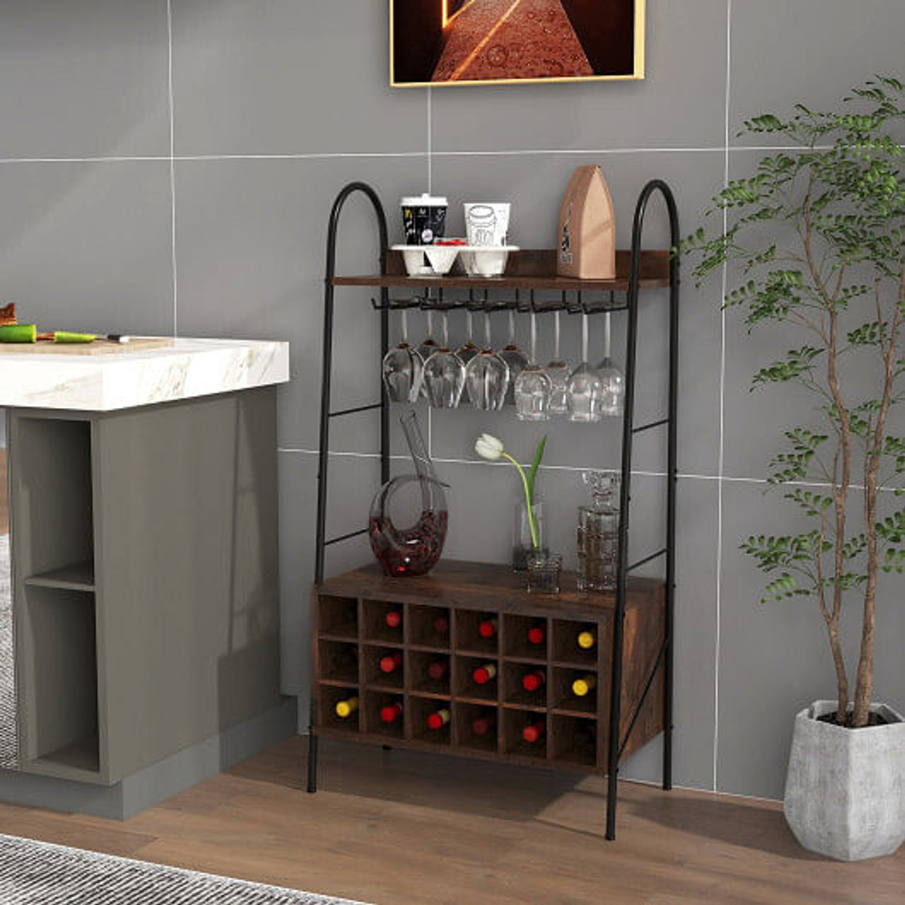 Baker's Rack with Detachable Wine Rack and 5 Rows of Stemware Holder-Rustic Brown 