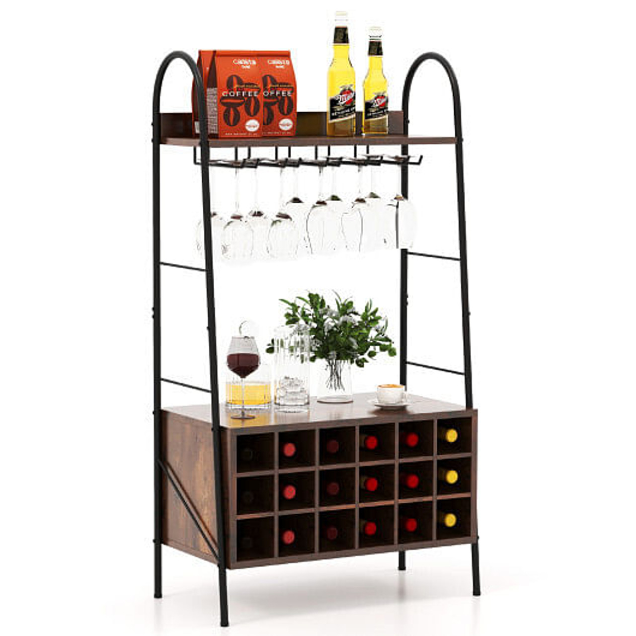 Baker's Rack with Detachable Wine Rack and 5 Rows of Stemware Holder-Rustic Brown 