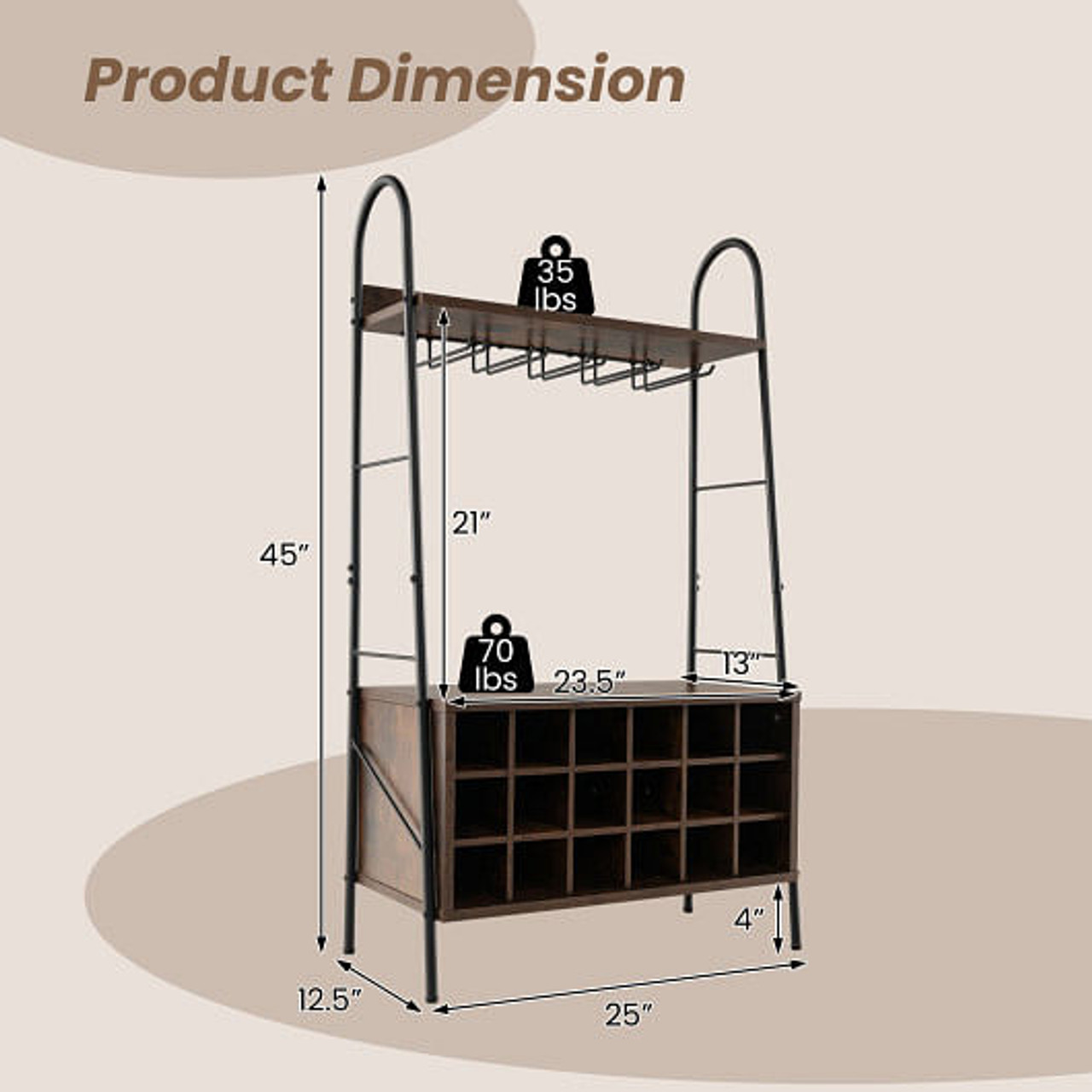 Baker's Rack with Detachable Wine Rack and 5 Rows of Stemware Holder-Rustic Brown 