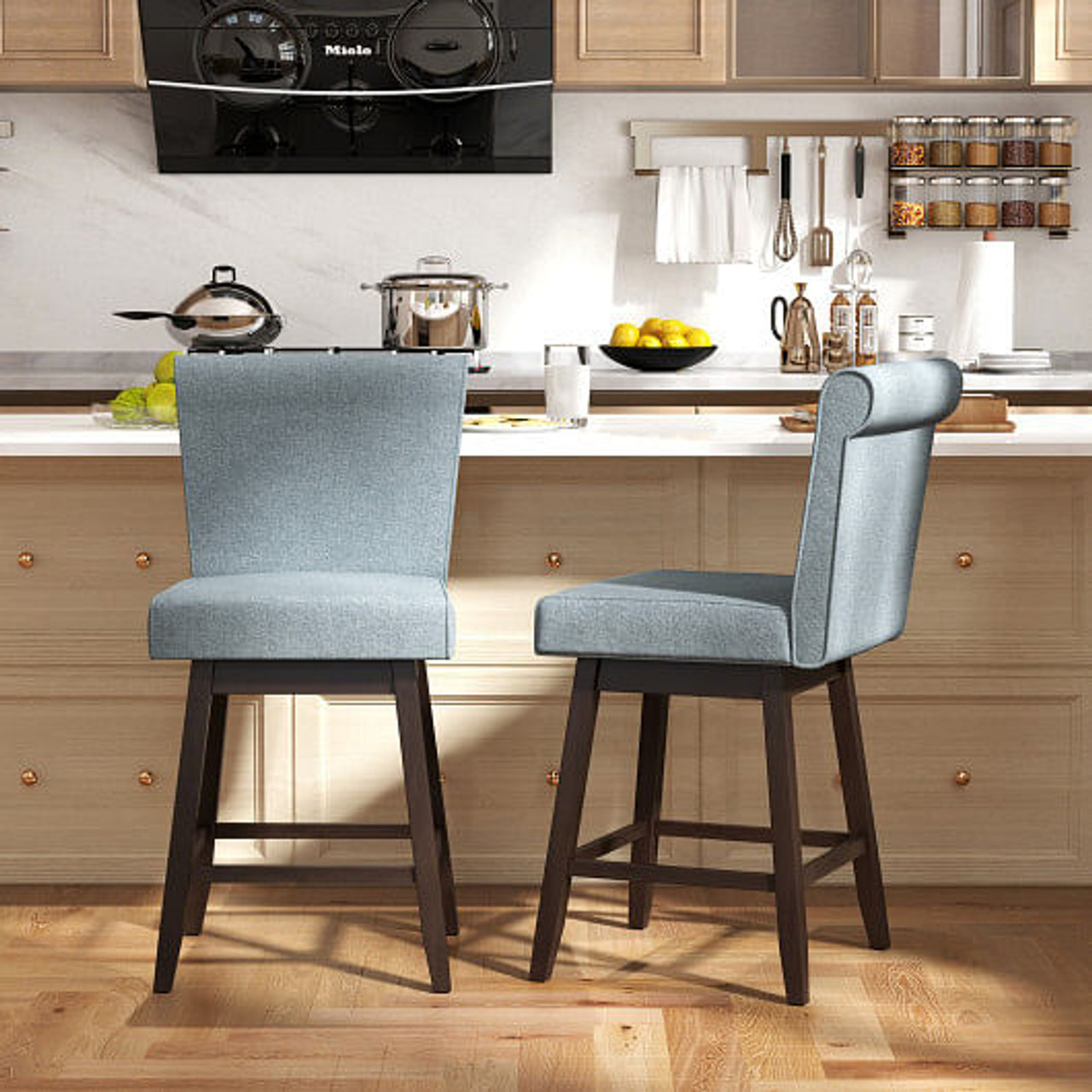 27 Inch Counter Height Bar Chairs with Rubber Wood Legs Set of 2-Beige