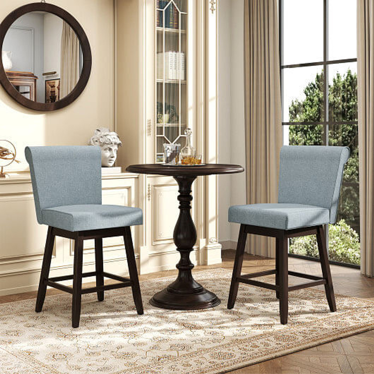 27 Inch Counter Height Bar Chairs with Rubber Wood Legs Set of 2-Beige