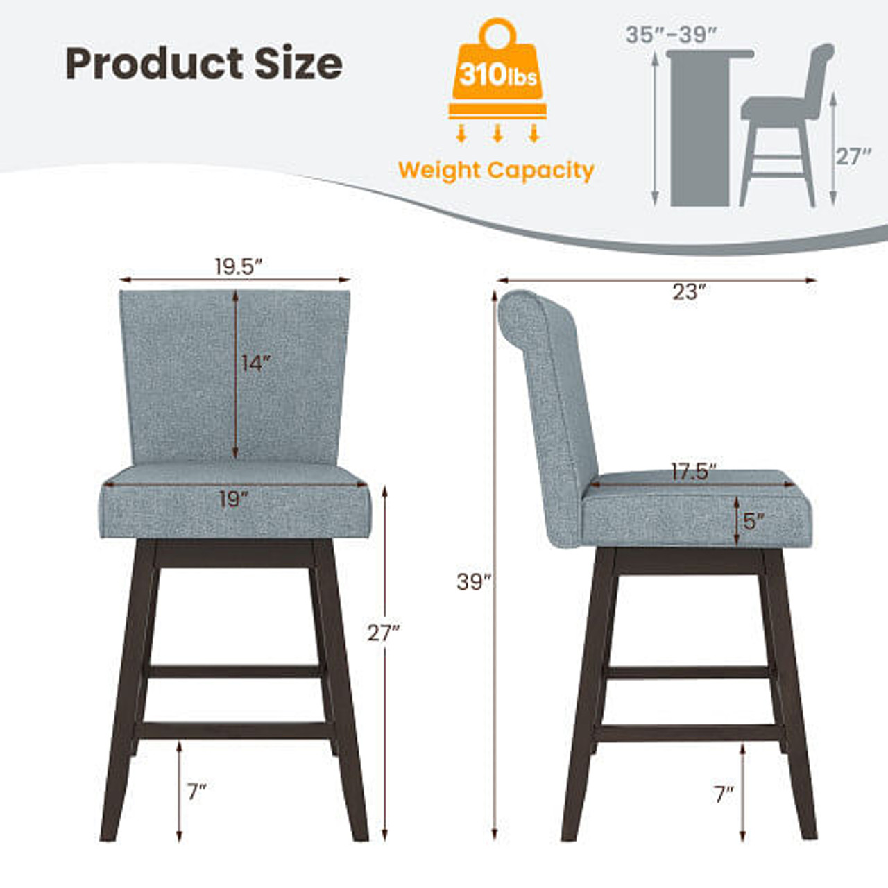 27 Inch Counter Height Bar Chairs with Rubber Wood Legs Set of 2-Beige