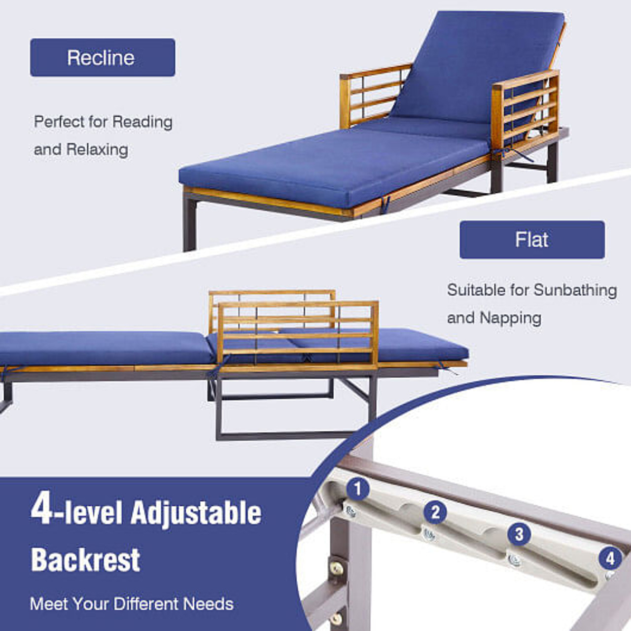 Adjustable Cushioned Patio Chaise Lounge Chair with 4-Level Backrest-Navy