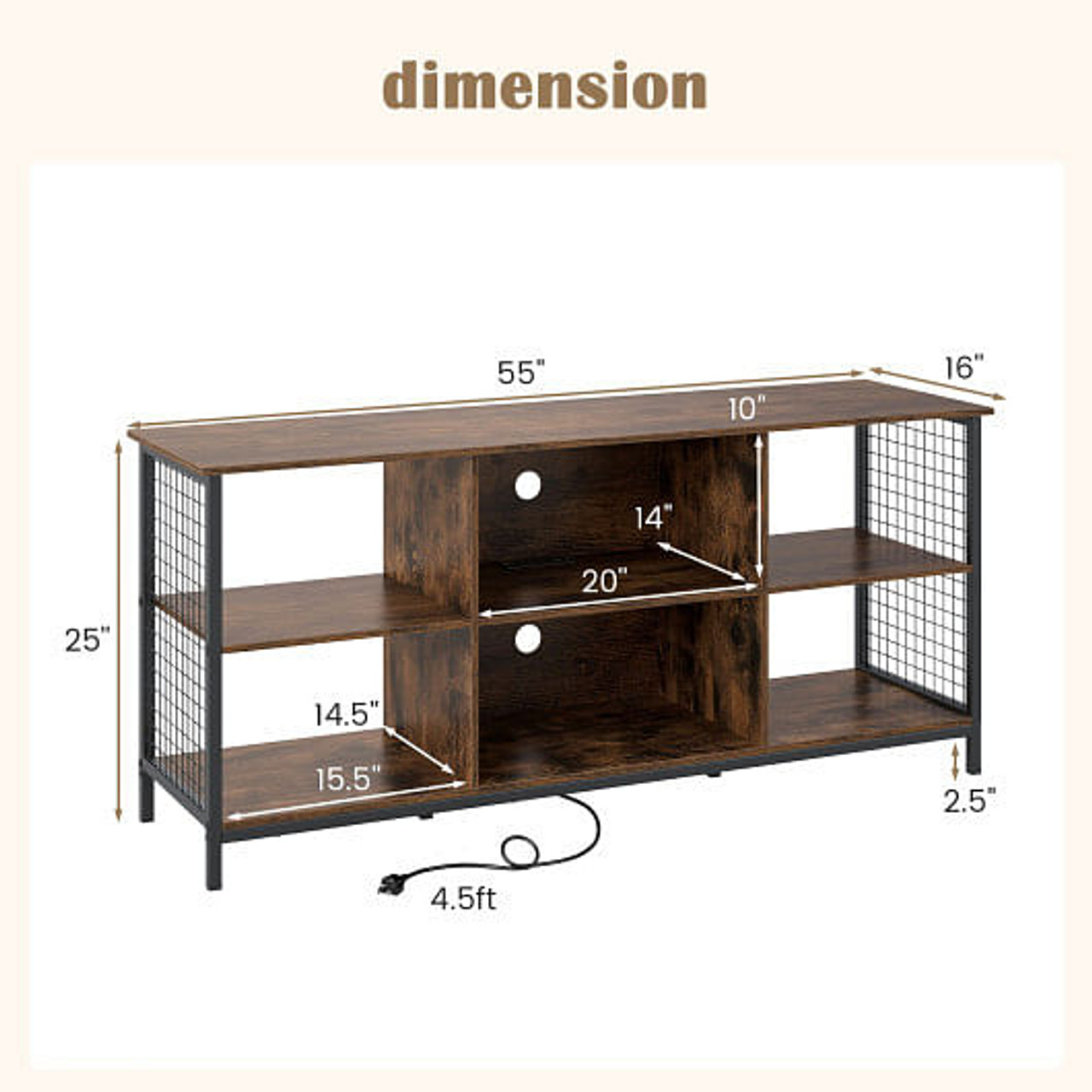 TV Stand for 65 Inch TVs-Rustic Brown and Black