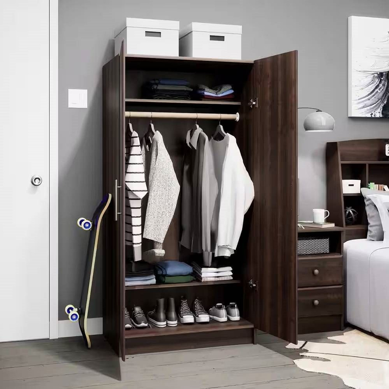 Bedroom Armoire Wardrobe Cabinet Closet with Hanging Rail in Brown Wood Finish Bedroom Armoire Wardrobe Cabinet Closet with Hanging Rail in Brown Wood Finish