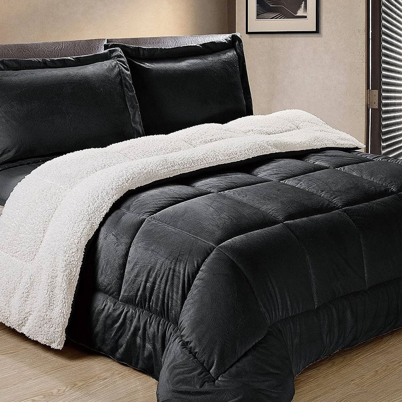 King Size 3 Piece Ultra Soft Sherpa Wrinkle Resistant Comforter Set in Black King Size 3 Piece Ultra Soft Sherpa Wrinkle Resistant Comforter Set in Black