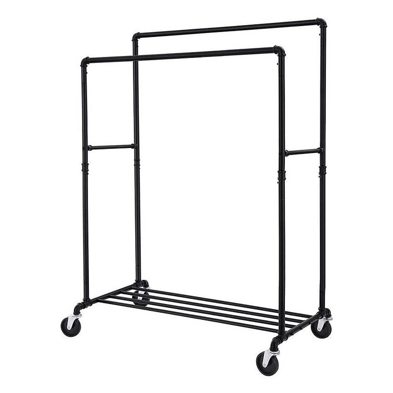 Heavy Duty Rustic Pipe Black Double-Rail Clothes Garment Rack w/ Locking Wheels Heavy Duty Rustic Pipe Black Double-Rail Clothes Garment Rack w/ Locking Wheels