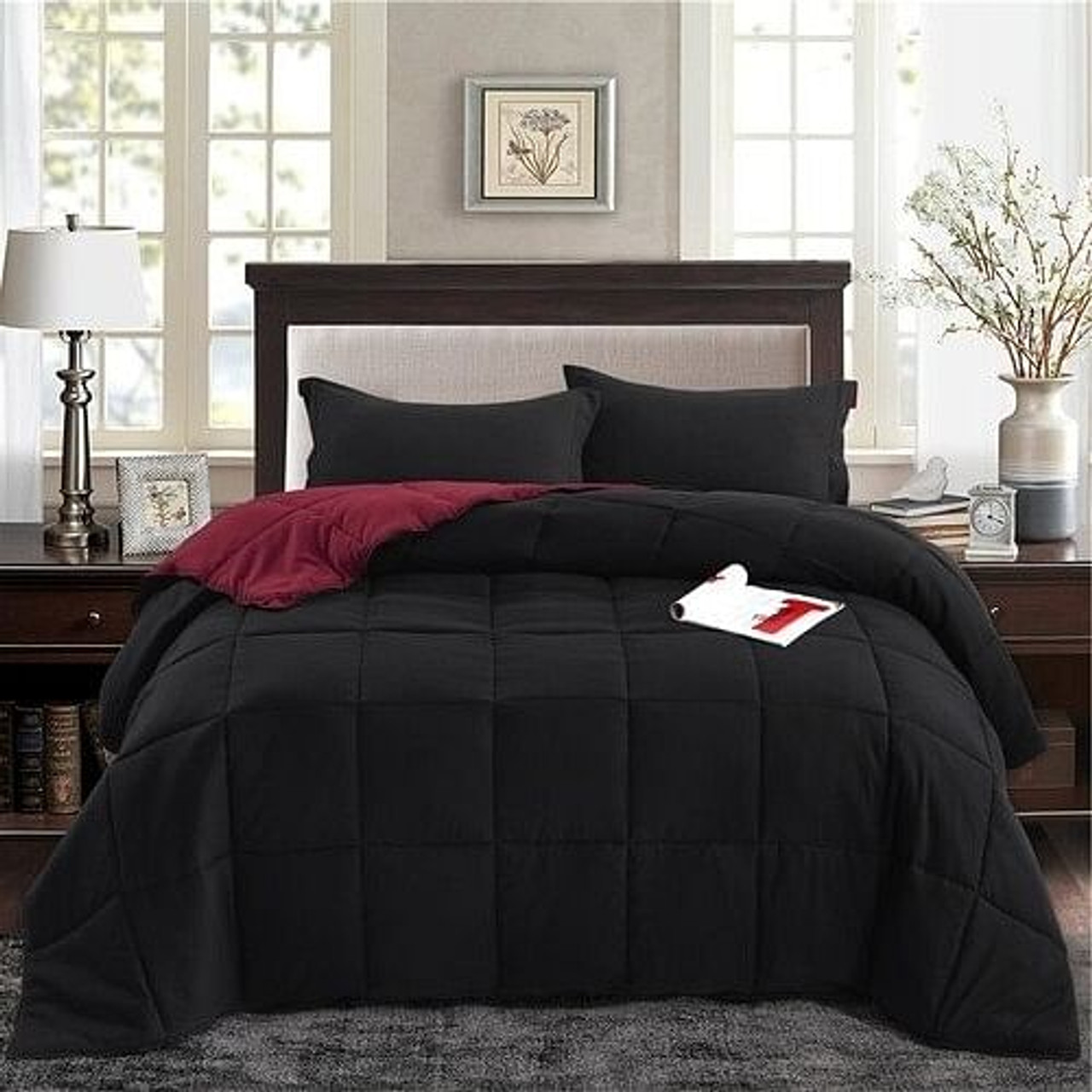 Twin/Twin XL Traditional Microfiber Reversible 3 Piece Comforter Set in Black/Maroon Twin/Twin XL Traditional Microfiber Reversible 3 Piece Comforter Set in Black/Maroon