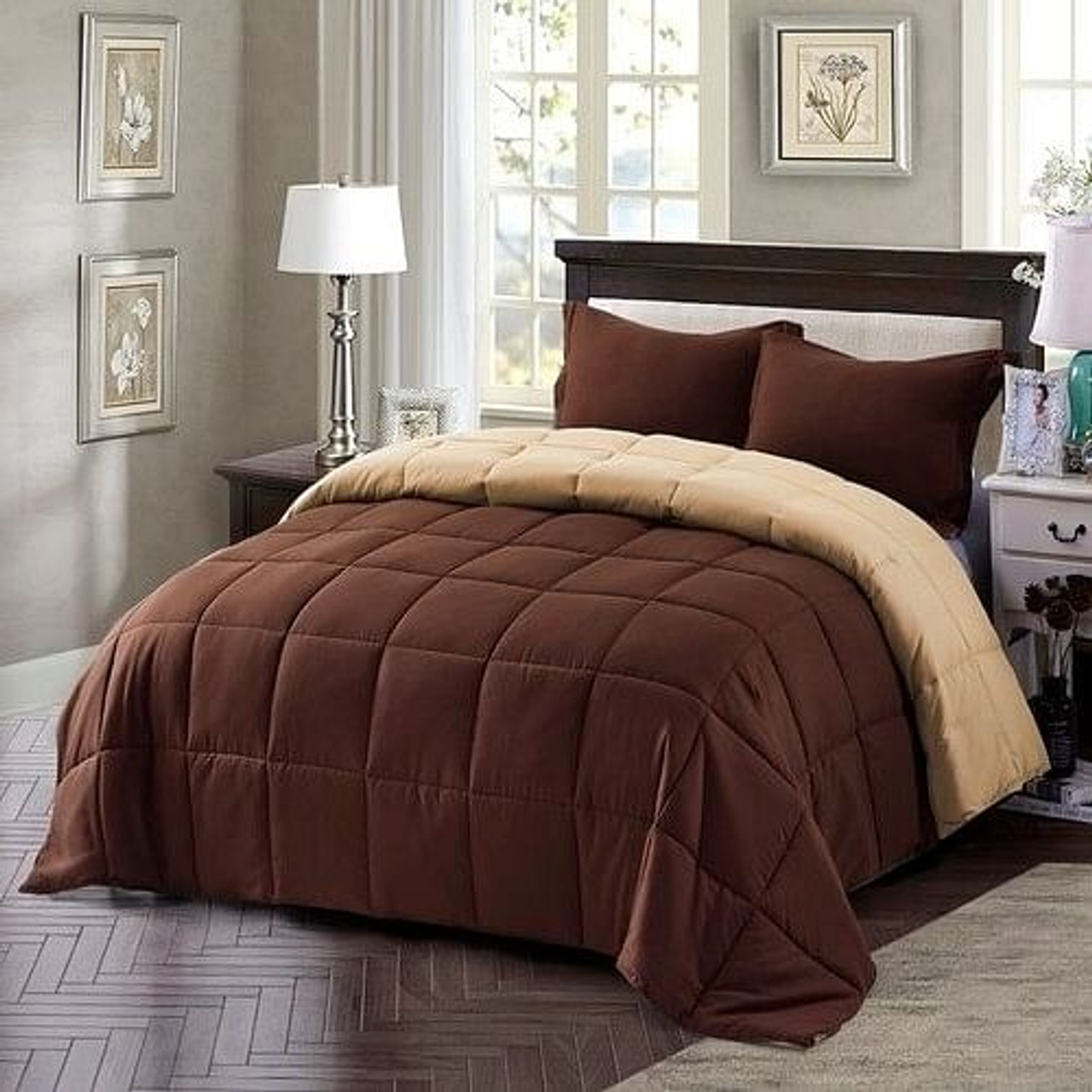 Twin/Twin XL Traditional Microfiber Reversible 3 Piece Comforter Set in Brown Twin/Twin XL Traditional Microfiber Reversible 3 Piece Comforter Set in Brown