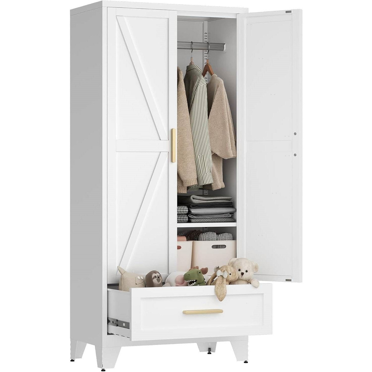 White 2-Door Wardrobe Armoire Cabinet with Storage Drawer and Hanging Rod White 2-Door Wardrobe Armoire Cabinet with Storage Drawer and Hanging Rod