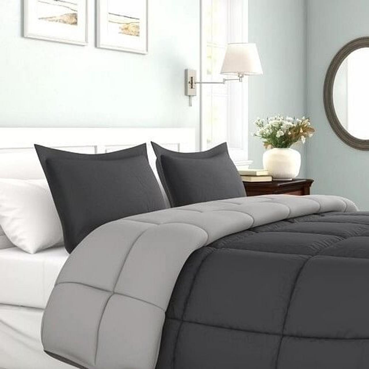 Twin/Twin XL Traditional Microfiber Reversible 3 Piece Comforter Set in Grey Twin/Twin XL Traditional Microfiber Reversible 3 Piece Comforter Set in Grey