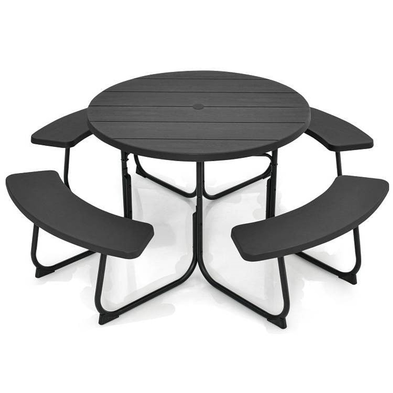 Black Outdoor Metal and HDPE Picnic Table Bench Set with Umbrella Hole - Seats 8