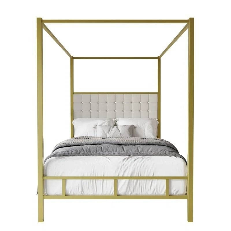 Queen size Gold Metal Canopy Bed with Upholstered Button-Tufted Headboard