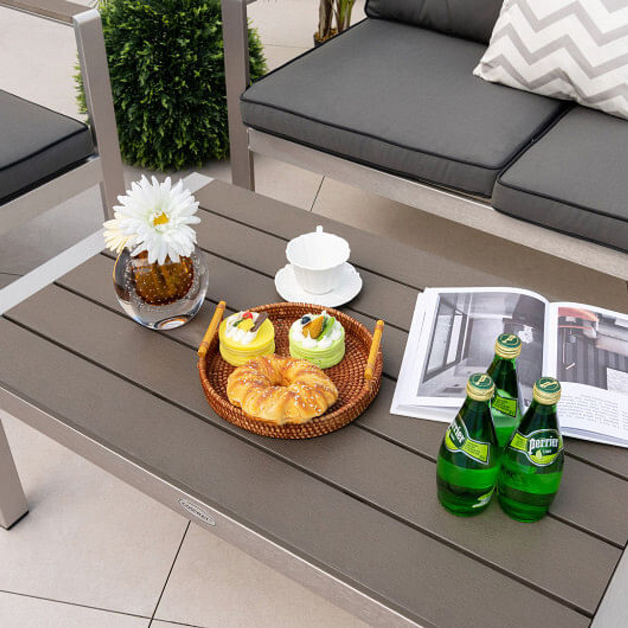 Modern Rectangular Patio Coffee Table with Plastic Wood Tabletop and Rustproof Aluminum Frame-Gray