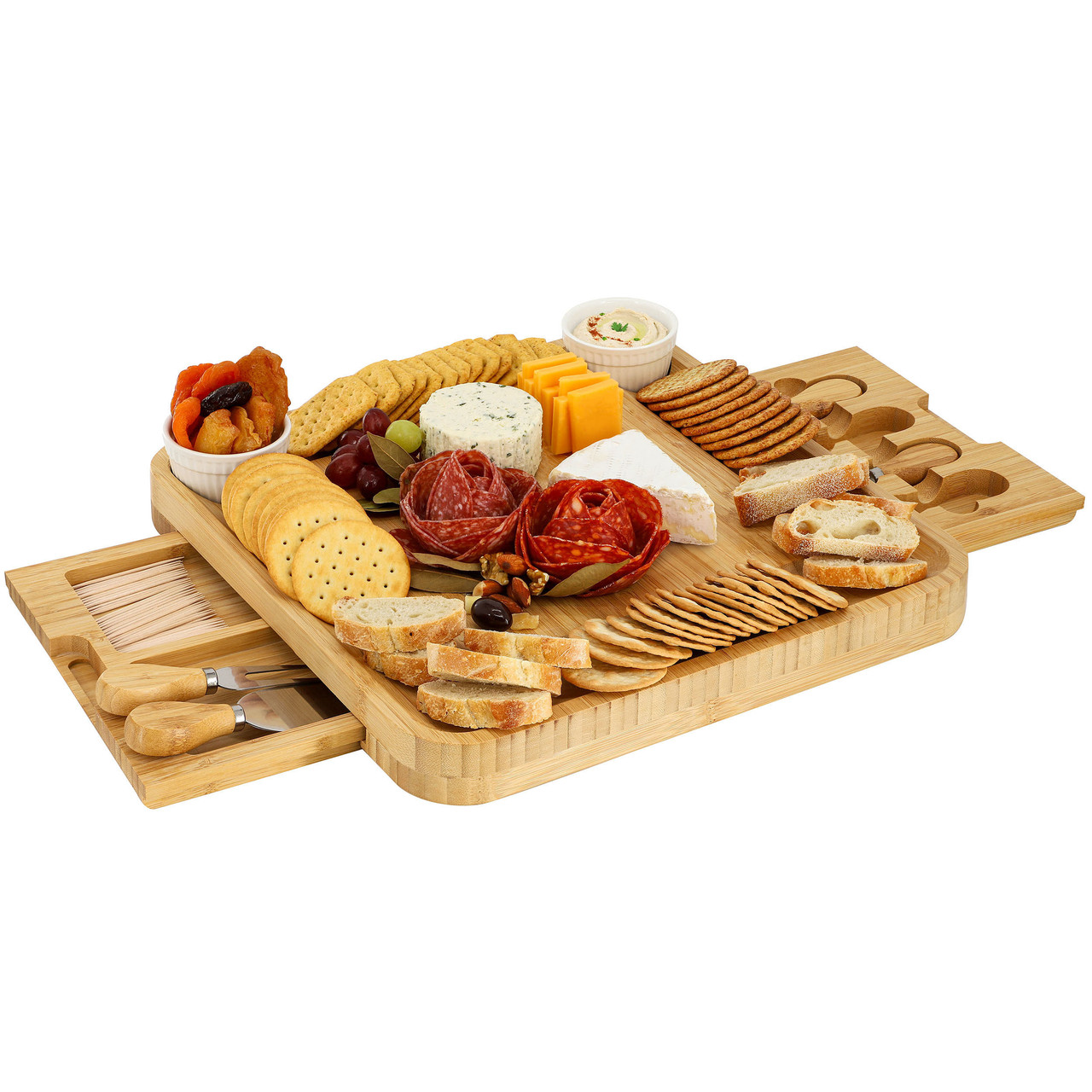 MegaChef Bamboo Charcuterie Cheese Board Set with Ramekins and Slide Out Cutlery Drawer MegaChef Bamboo Charcuterie Cheese Board Set with Ramekins and Slide Out Cutlery Drawer