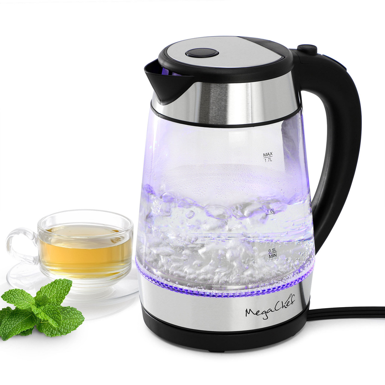 MegaChef 1.8 Quart Glass and Stainless Steel Electric Tea Kettle in Silver MegaChef 1.8 Quart Glass and Stainless Steel Electric Tea Kettle in Silver