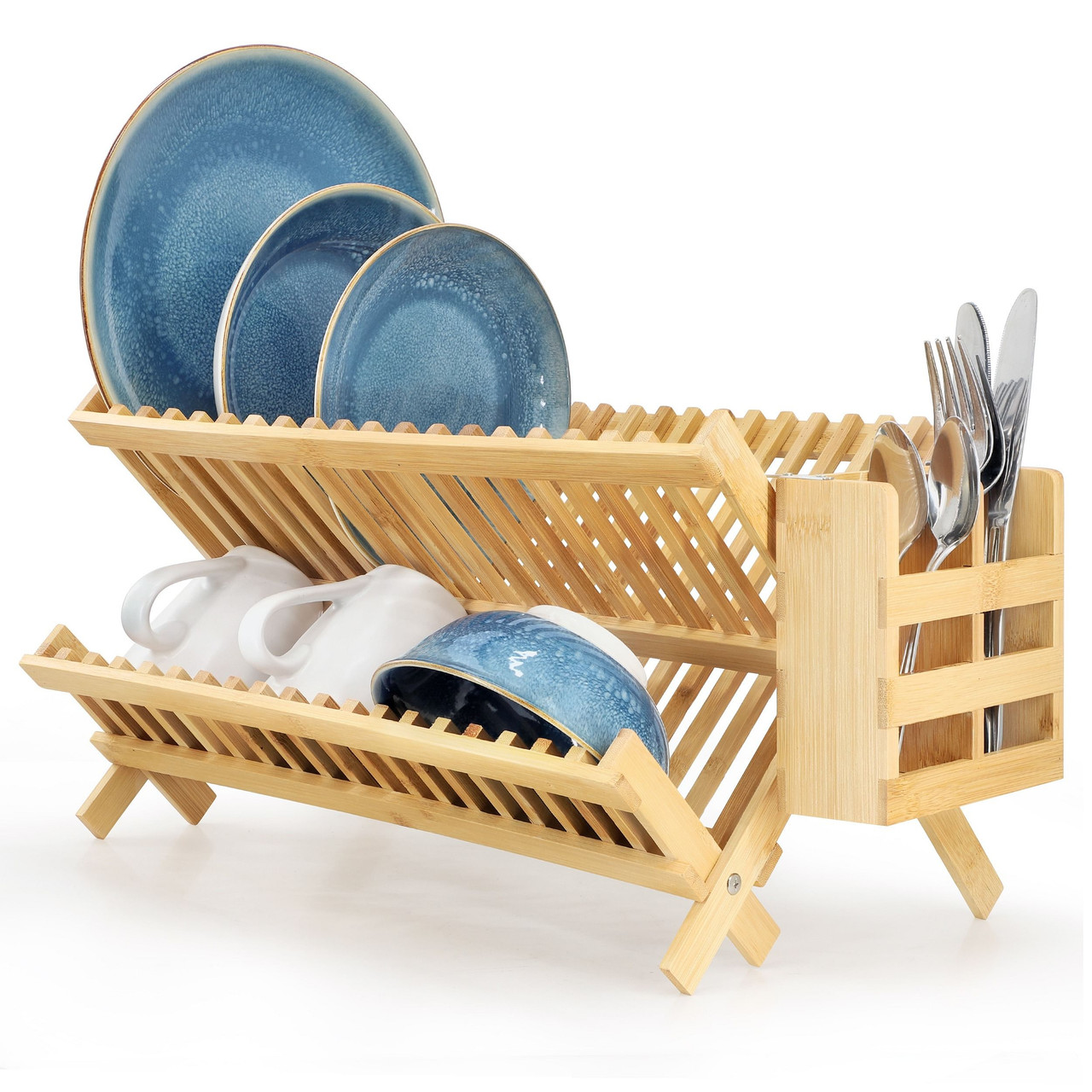 MegaChef 2-Tier Collapsible Kitchen Bamboo Drying Dish Rack with Utensil Holder MegaChef 2-Tier Collapsible Kitchen Bamboo Drying Dish Rack with Utensil Holder