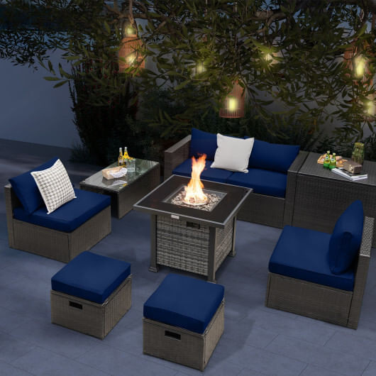 Outdoor 9 Pieces Patio Furniture Set with 50 000 BTU Propane Fire Pit Table-Gray