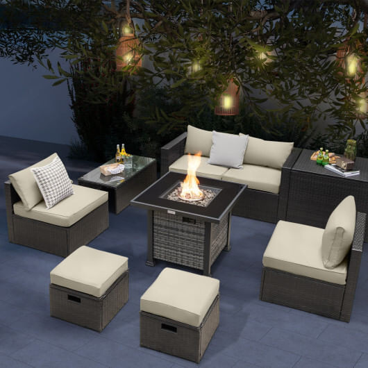 Outdoor 9 Pieces Patio Furniture Set with 50 000 BTU Propane Fire Pit Table-Gray