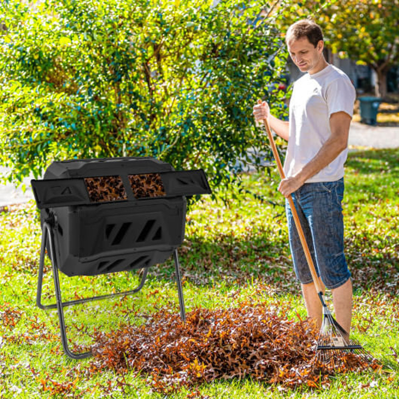 360?° Rotatable Tumbling Composter with 2 Sliding Doors-Green 360?° Rotatable Tumbling Composter with 2 Sliding Doors-Green