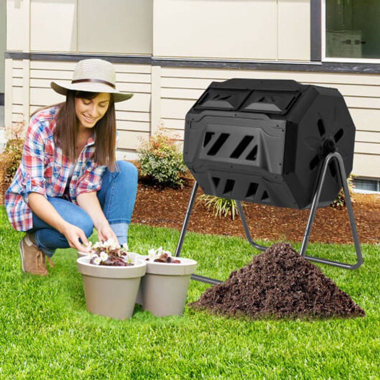 360?° Rotatable Tumbling Composter with 2 Sliding Doors-Green 360?° Rotatable Tumbling Composter with 2 Sliding Doors-Green
