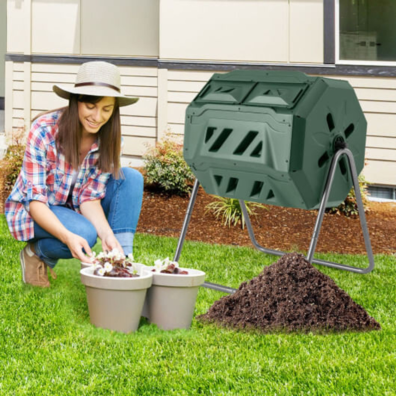 360?° Rotatable Tumbling Composter with 2 Sliding Doors-Green 360?° Rotatable Tumbling Composter with 2 Sliding Doors-Green