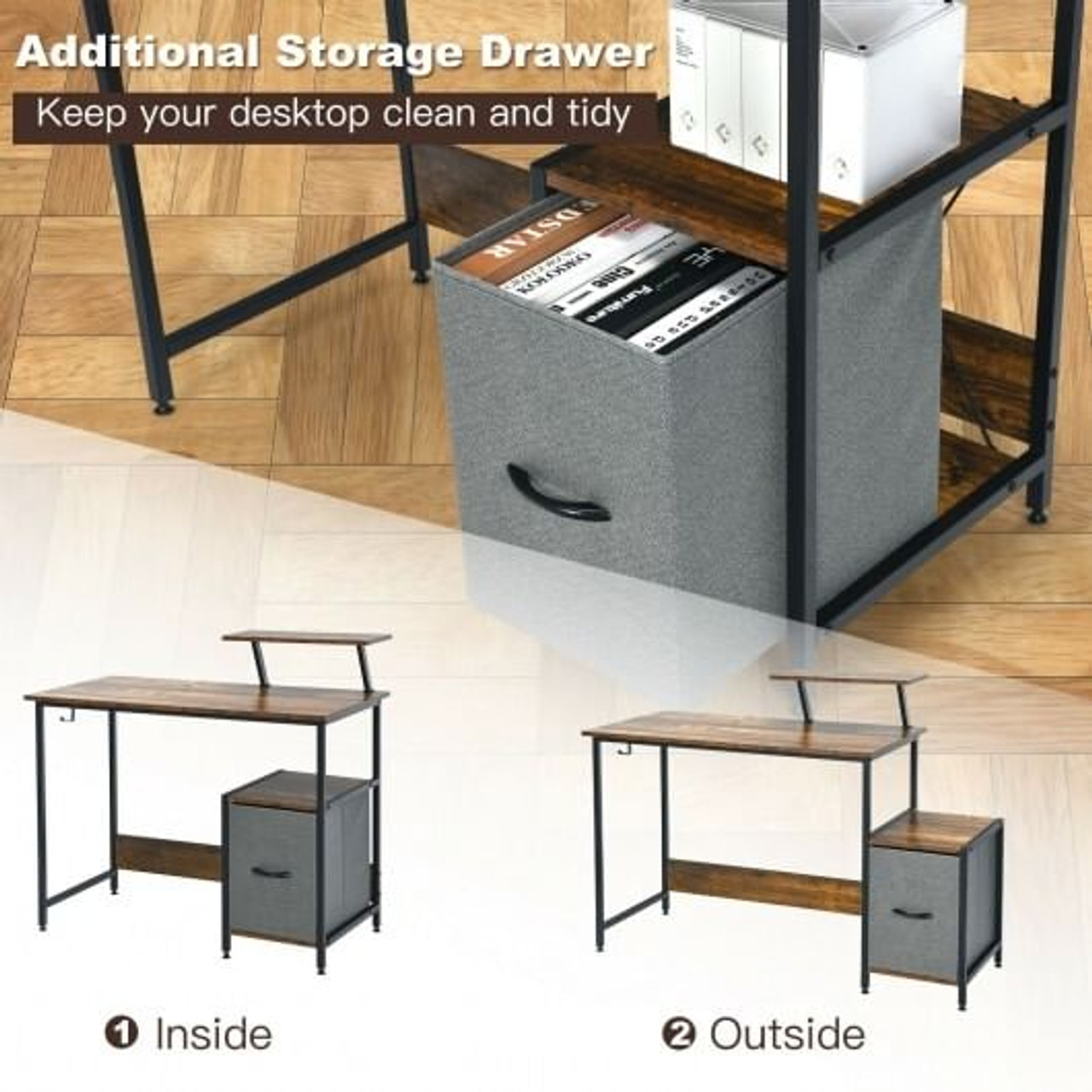 Computer Desk with Reversible Storage Drawer and Moveable Shelf-Brown Computer Desk with Reversible Storage Drawer and Moveable Shelf-Brown