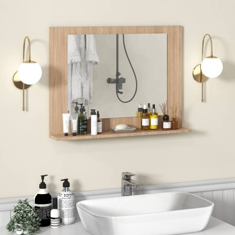 Rectangular 23 x 17 inch Bathroom Wall Mirror with Shelf in Brown Wood Finish