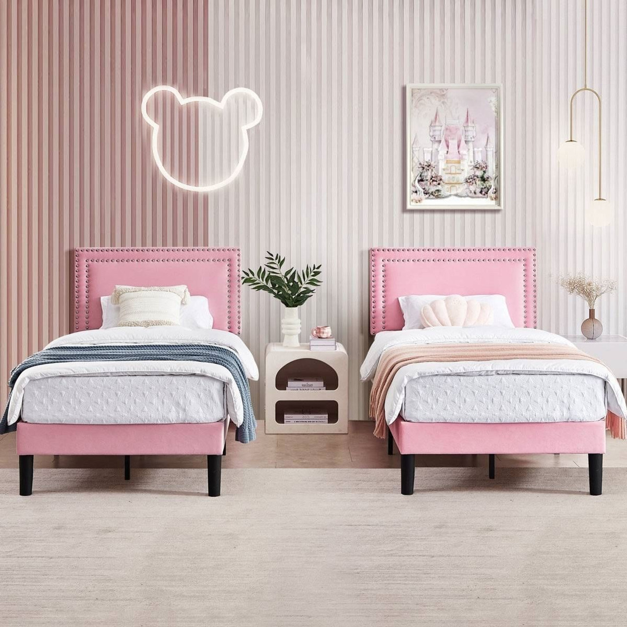 Set of 2 - Twin size Pink Upholstered Platform Bed with Nailhead Trim Headboard Set of 2 - Twin size Pink Upholstered Platform Bed with Nailhead Trim Headboard