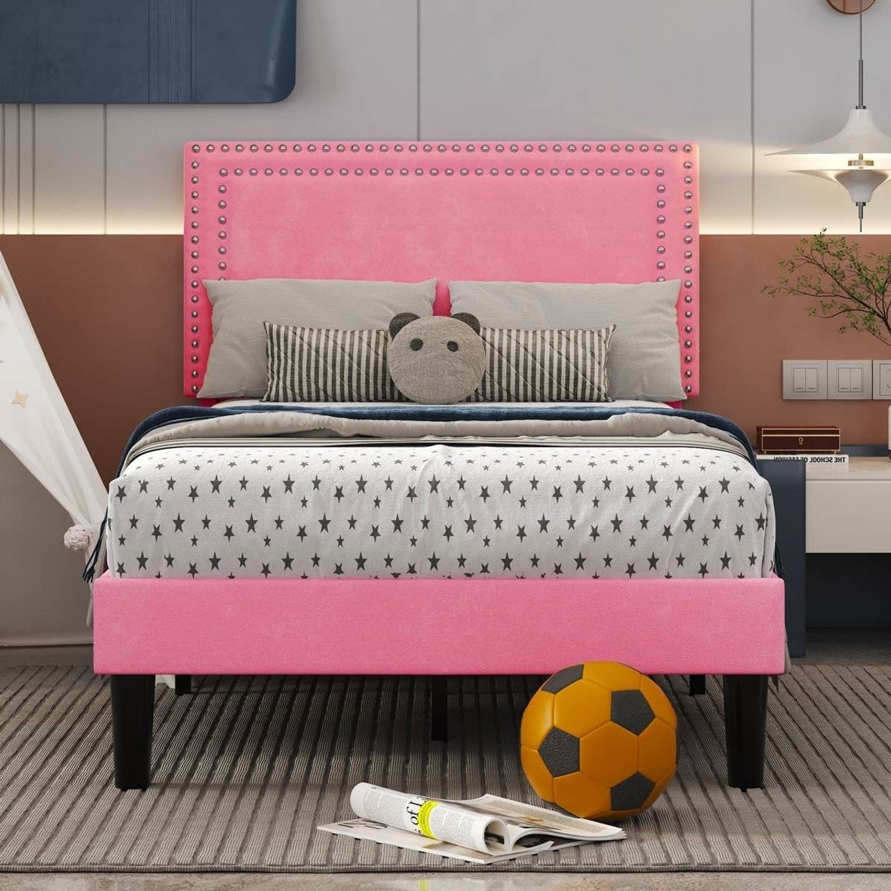 Set of 2 - Twin size Pink Upholstered Platform Bed with Nailhead Trim Headboard Set of 2 - Twin size Pink Upholstered Platform Bed with Nailhead Trim Headboard