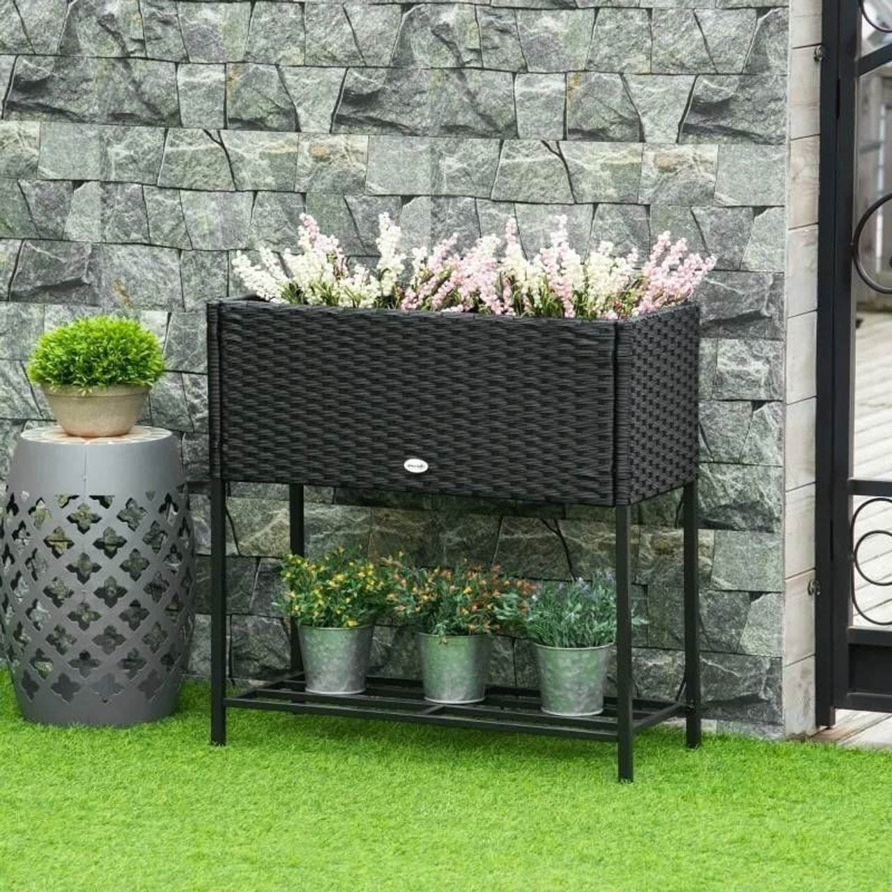 Black Modern PE Rattan Wicker Raised Garden Bed Elevated Planter Box Black Modern PE Rattan Wicker Raised Garden Bed Elevated Planter Box
