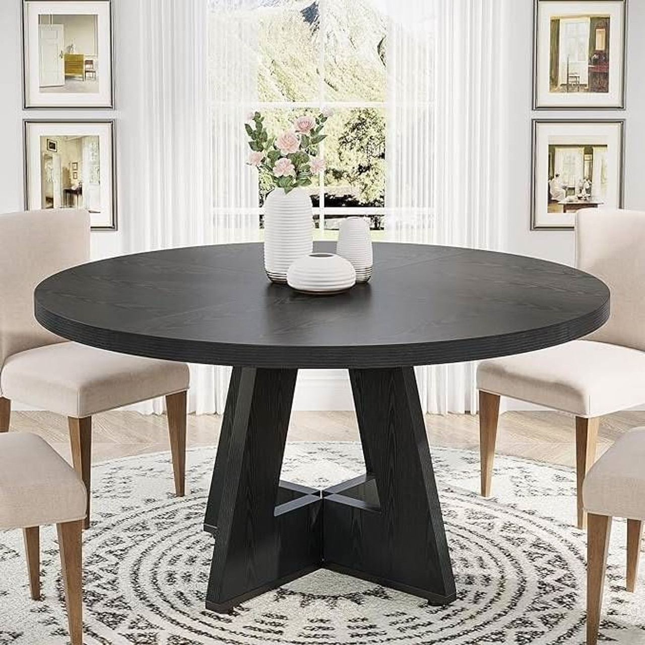 Modern Farmhouse 47-inch Round Kitchen Dining Table in Black Wood Finish Modern Farmhouse 47-inch Round Kitchen Dining Table in Black Wood Finish