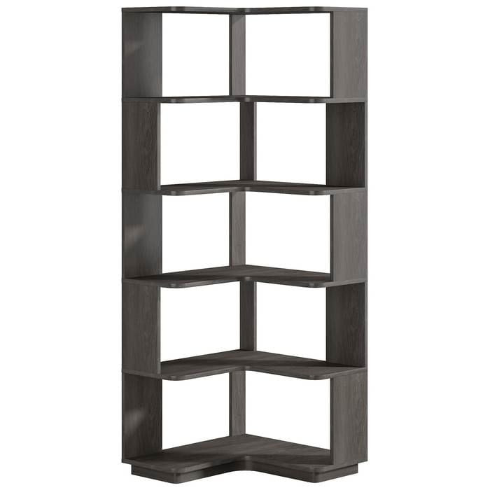 Multifunctional 6 Shelf Corner L-Shaped Bookcase in Dark Grey Wood Finish