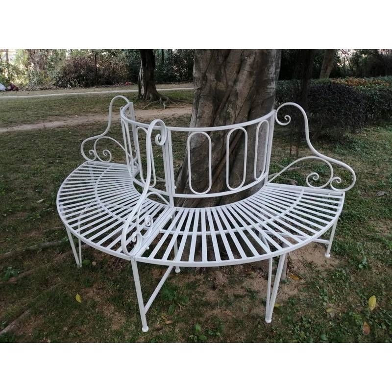 Half-Circle White Metal Outdoor Patio Garden Tree Bench