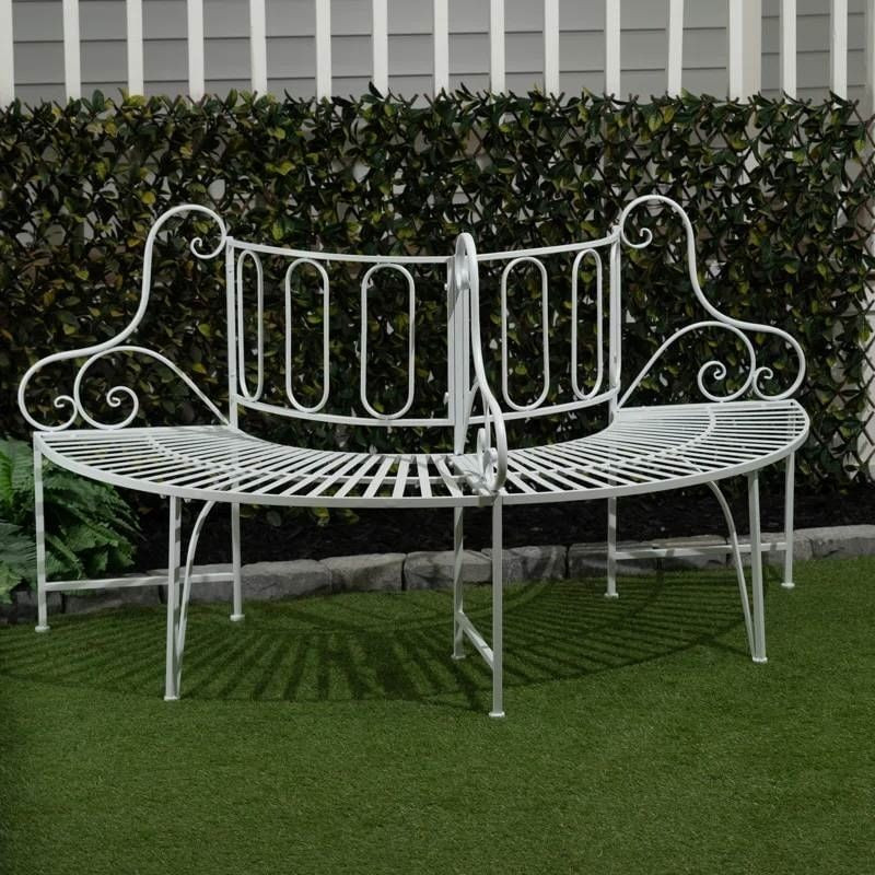 Half-Circle White Metal Outdoor Patio Garden Tree Bench