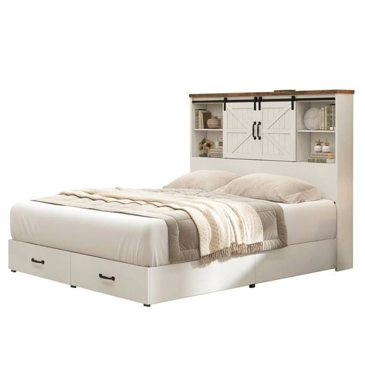 Queen White Farmhouse Platform Bed with Bookcase Headboard and Storage Drawers Queen White Farmhouse Platform Bed with Bookcase Headboard and Storage Drawers