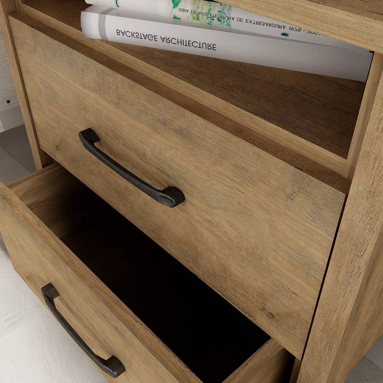 Modern Farmhouse 2-Drawer Nightstand Bedside Table in Brown Oak Wood Finish Modern Farmhouse 2-Drawer Nightstand Bedside Table in Brown Oak Wood Finish