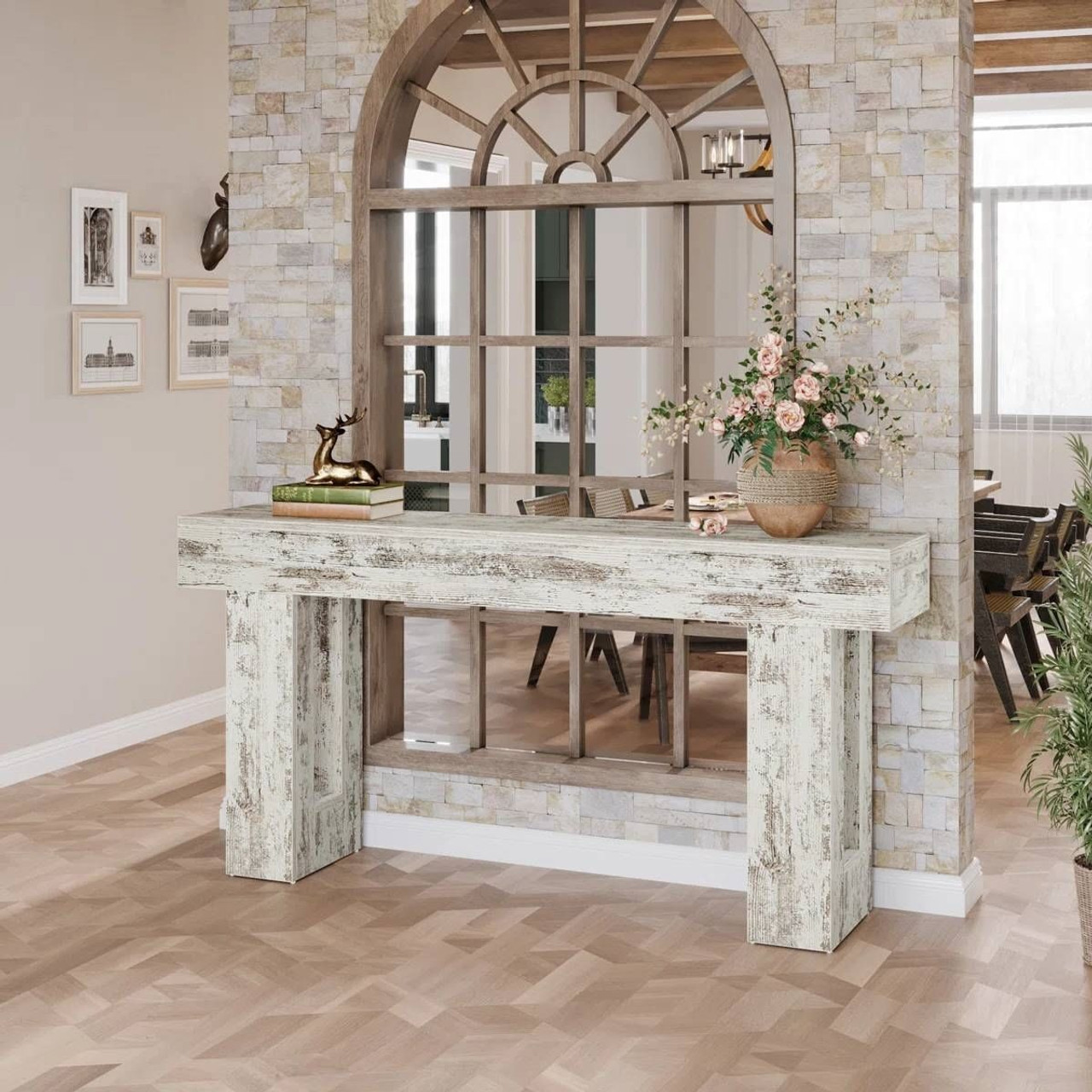 Modern Farmhouse 63-inch Console Sofa Table in Rustic White Wood Finish Modern Farmhouse 63-inch Console Sofa Table in Rustic White Wood Finish