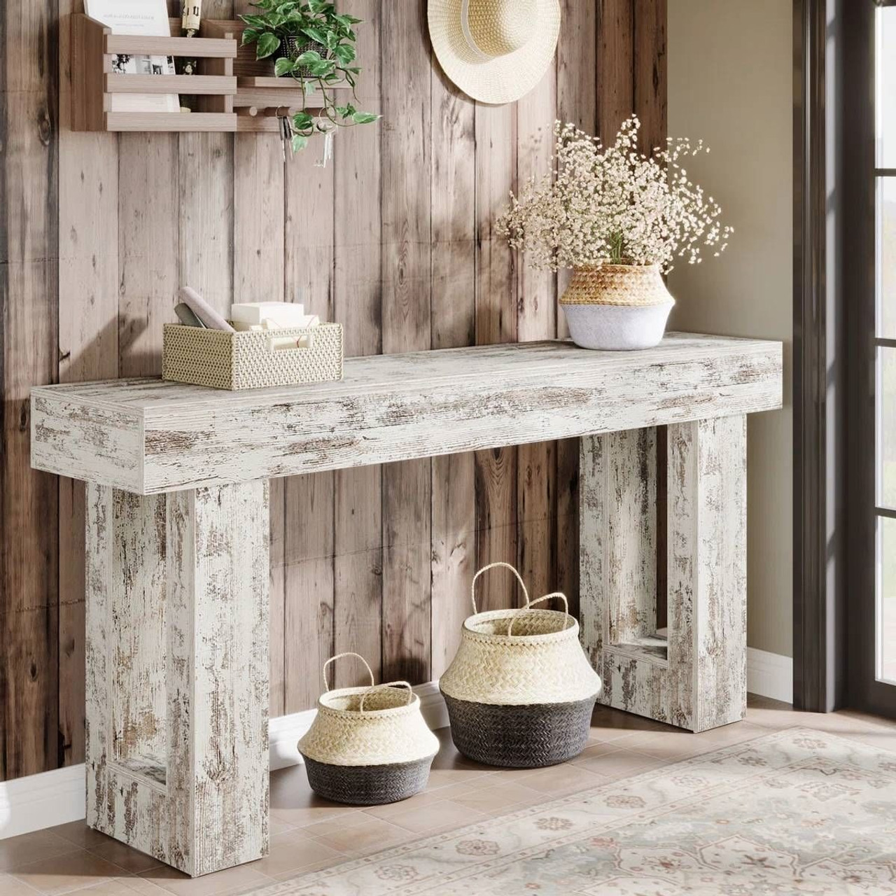 Modern Farmhouse 63-inch Console Sofa Table in Rustic White Wood Finish Modern Farmhouse 63-inch Console Sofa Table in Rustic White Wood Finish
