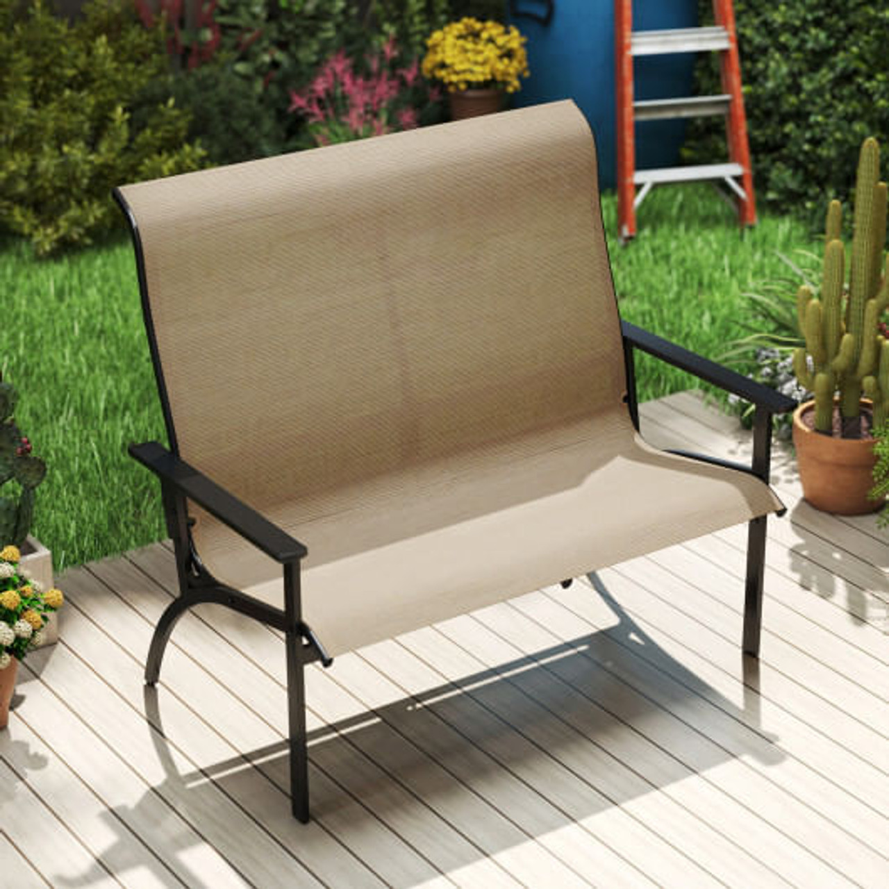 2-Person Patio Garden Bench with High Back and Armrests-Coffee