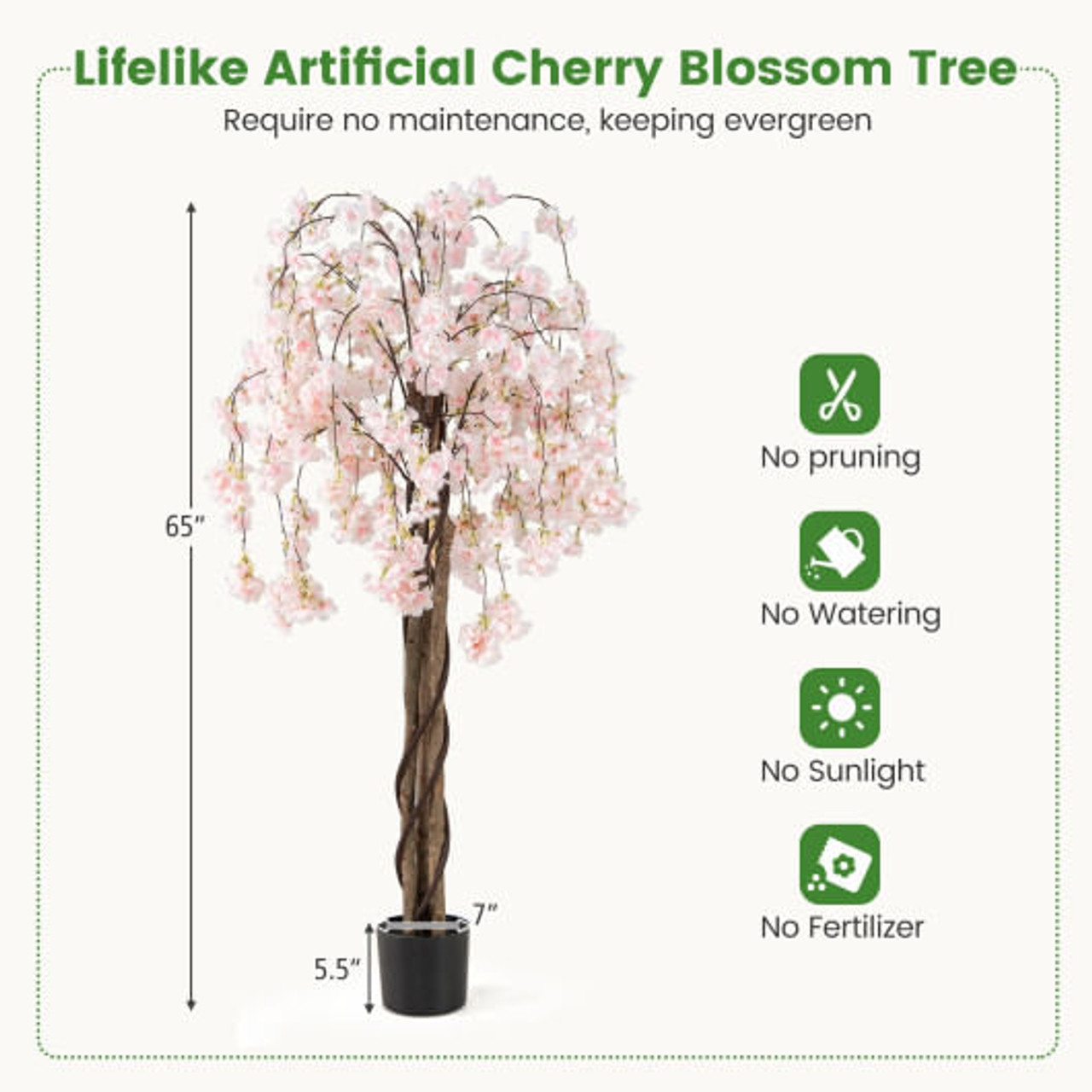 5.5 FT Tall Artificial Cherry Blossom Tree with Pink/White Flowers 1 Pack-Pink