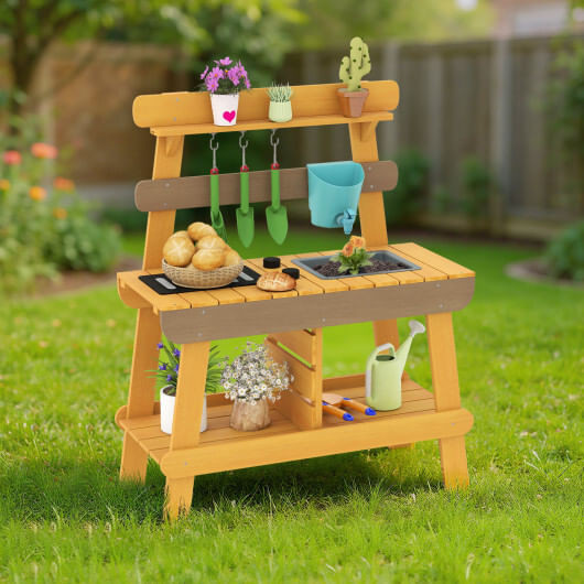 Outdoor Mud Kitchen for Kids Wooden Play Kitchen Toy for Boys Girls Aged 3-8-Yellow