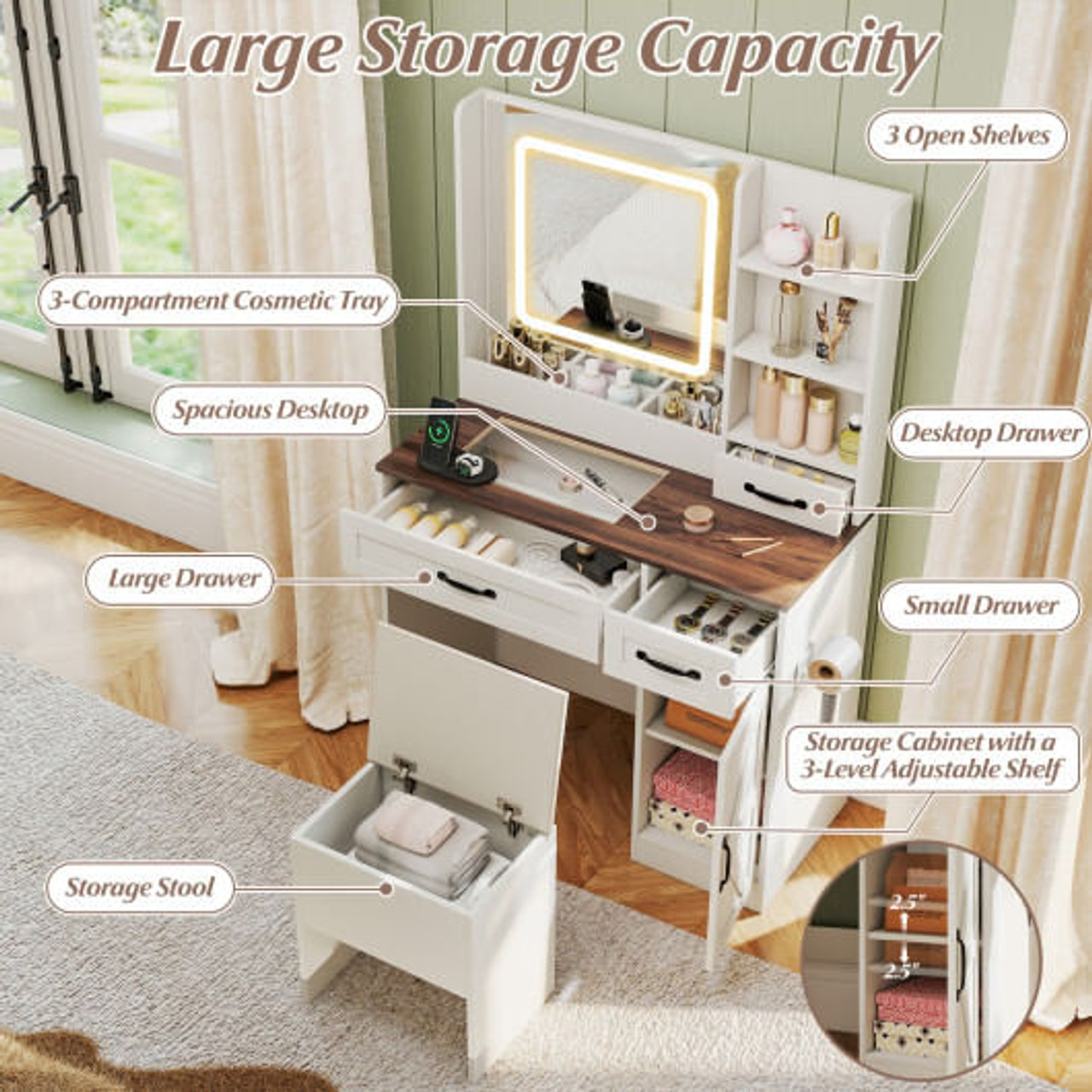 Vanity Desk with Mirror and Lights Farmhouse Makeup Dressing Table-White Vanity Desk with Mirror and Lights Farmhouse Makeup Dressing Table-White