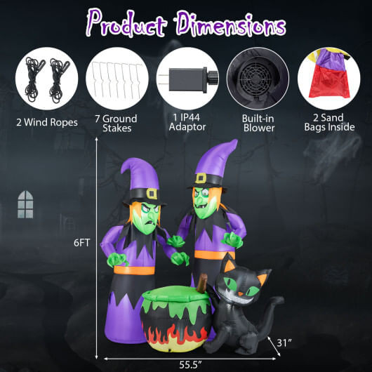 6 Ft Inflatable Halloween Witches with Cauldron & Black Cat