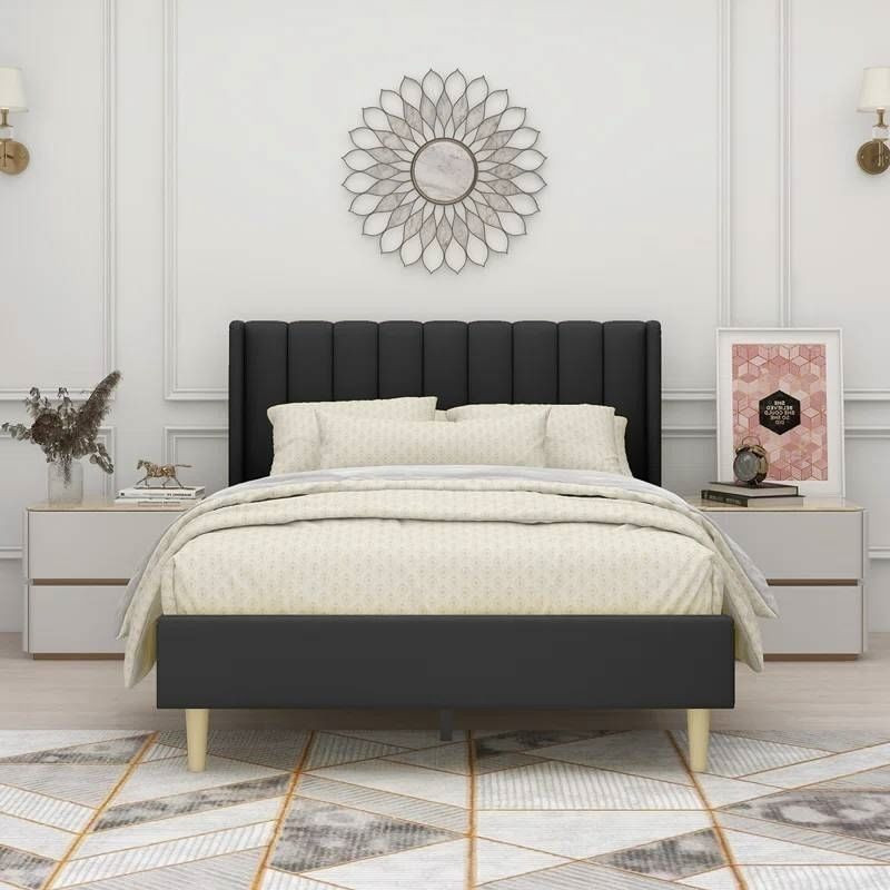 Full size Mid-Century Black Linen Platform Bed Frame with Upholstered Headboard
