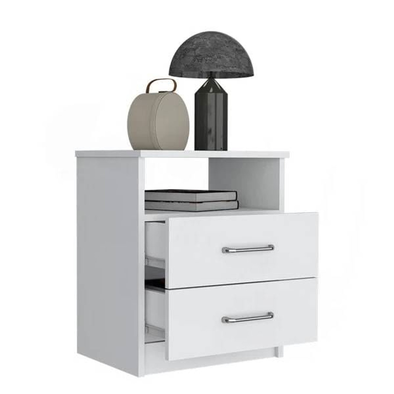 Modern 2-Drawer Nightstand with Open Shelf in White Wood Finish