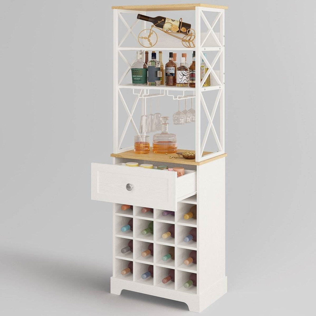 White/Natural Wine Bottle & Glass Rack Cabinet Bar Storage White/Natural Wine Bottle & Glass Rack Cabinet Bar Storage