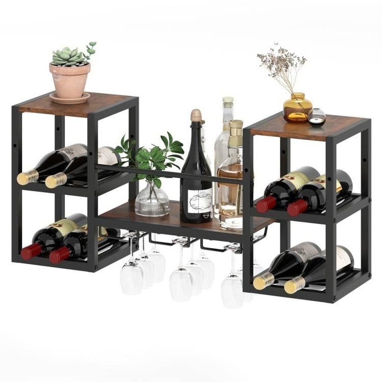 Industrial Wood Metal Wall Mounted Wine Rack Shelf with Glass Holders Industrial Wood Metal Wall Mounted Wine Rack Shelf with Glass Holders