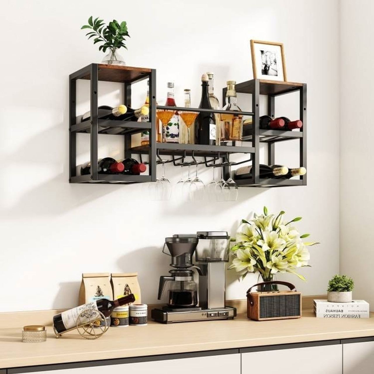 Industrial Wood Metal Wall Mounted Wine Rack Shelf with Glass Holders Industrial Wood Metal Wall Mounted Wine Rack Shelf with Glass Holders